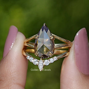 Front View of Rose Cut Pear Moissanite Vintage Curved Ring In two Fingers