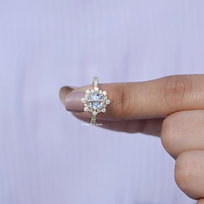In finger front View of Rose Cut Round Moissanite Halo Ring