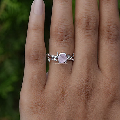 Detailed View of Rose Quartz Round Leaf Style Ring In White Gold