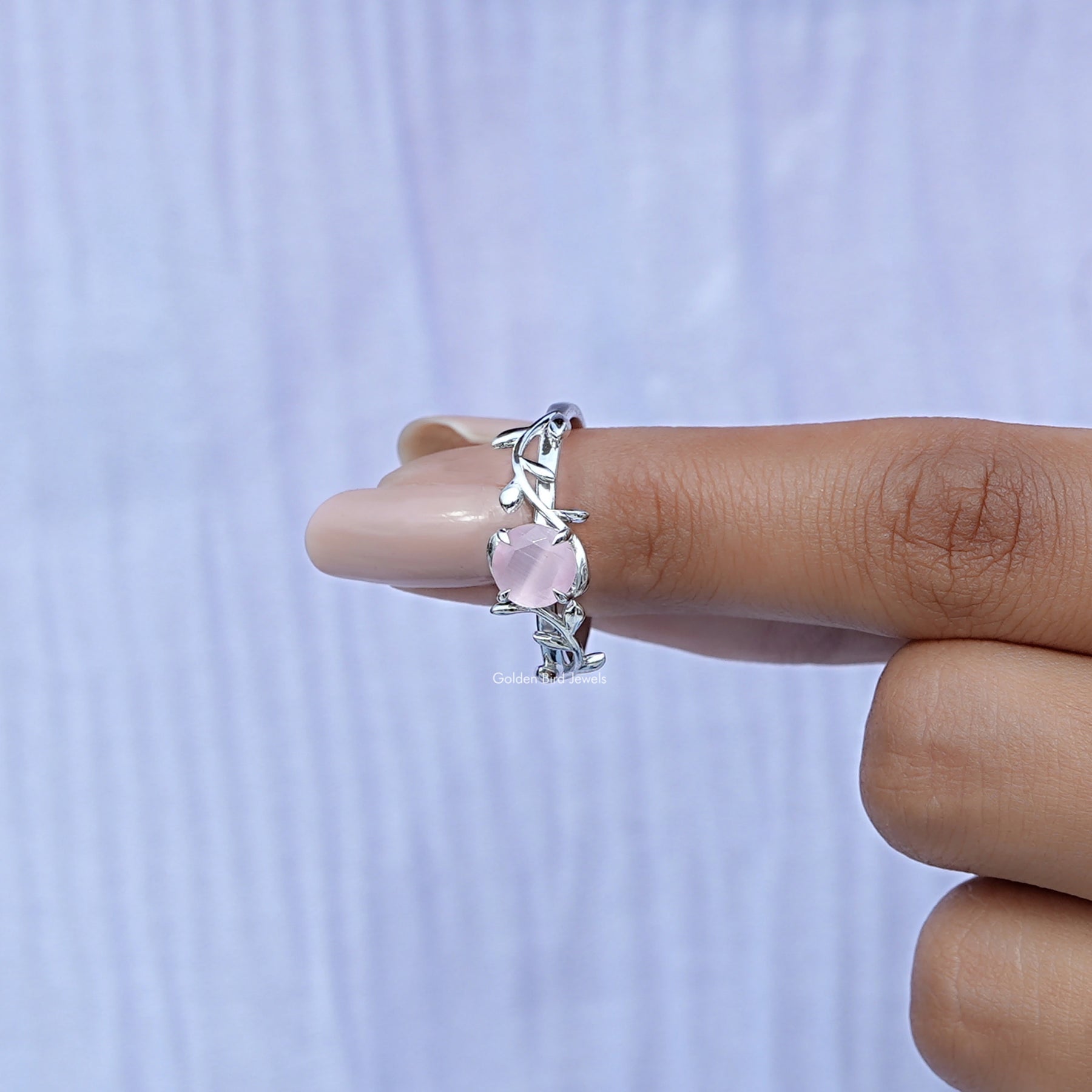 Rose Quartz Round Gemstone Leaf Style Ring