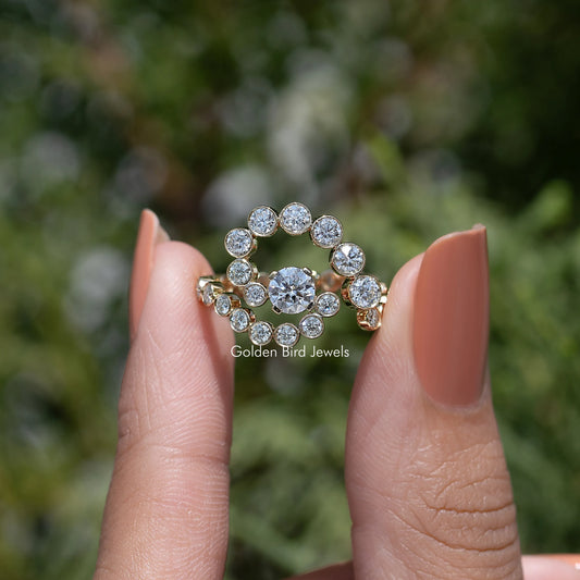 10k yellow gold moissanite engagement ring with round halo spiral of stones