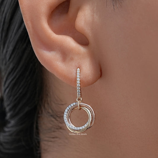 Rose-gold clip-on drop earrings with round lab-diamond halo ring