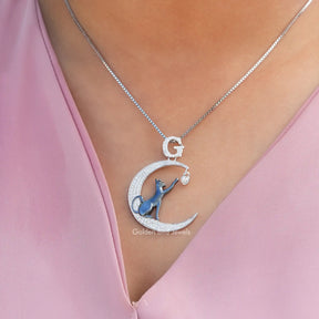 [Round Cut Moissanite Cat & Moon Moissanite Pendant With Heart Cut Stone]-[Golden Bird Jewels]