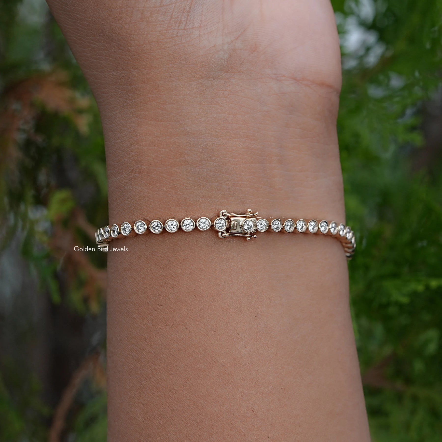 [Lab Grown Round Cut Bezel Set Bracelet]-[Golden Bird Jewels]