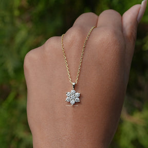 In Hand Holding the Round Cut Lab Diamond Floral Pendant