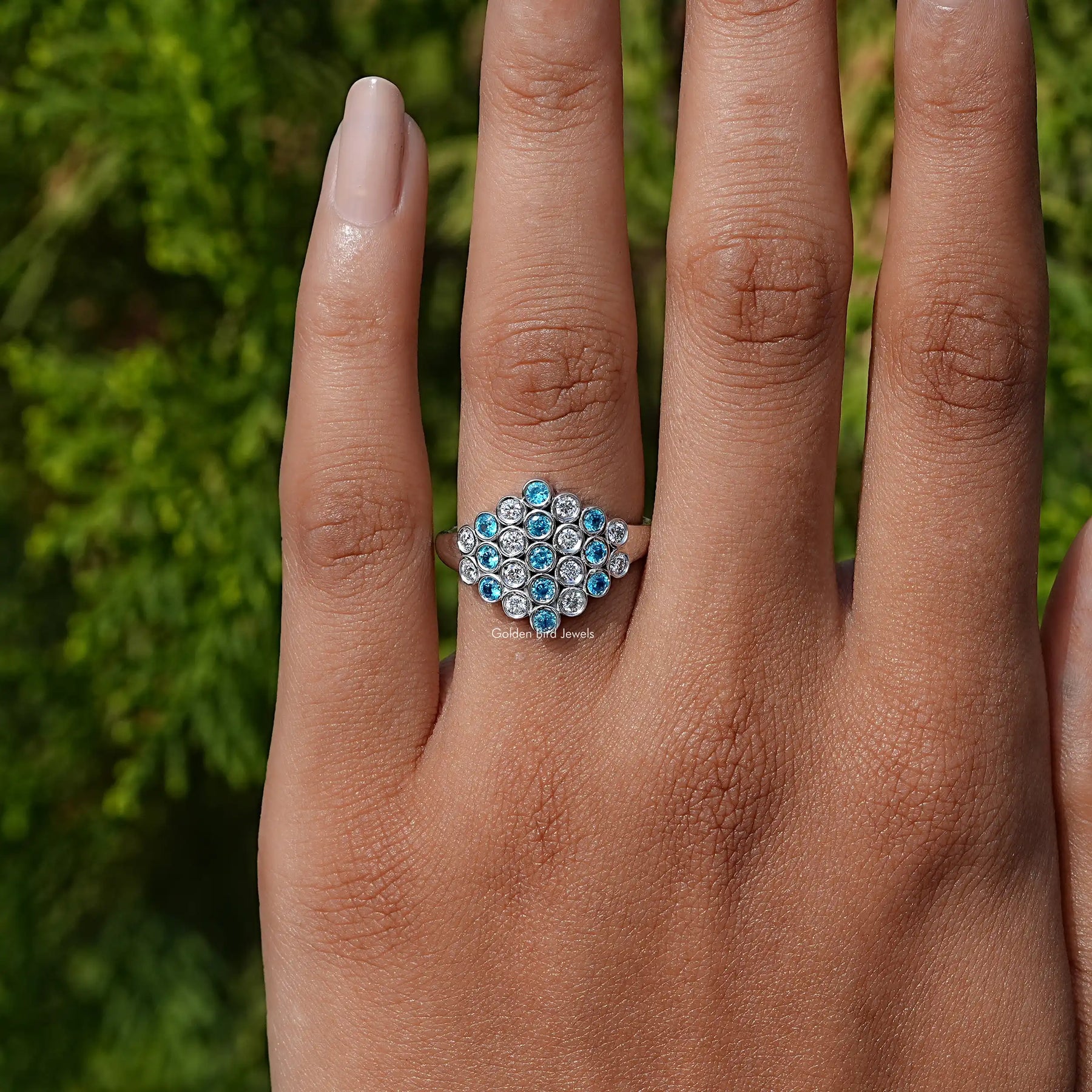 Round Cut Paraiba Gemstone Cluster Engagement Ring