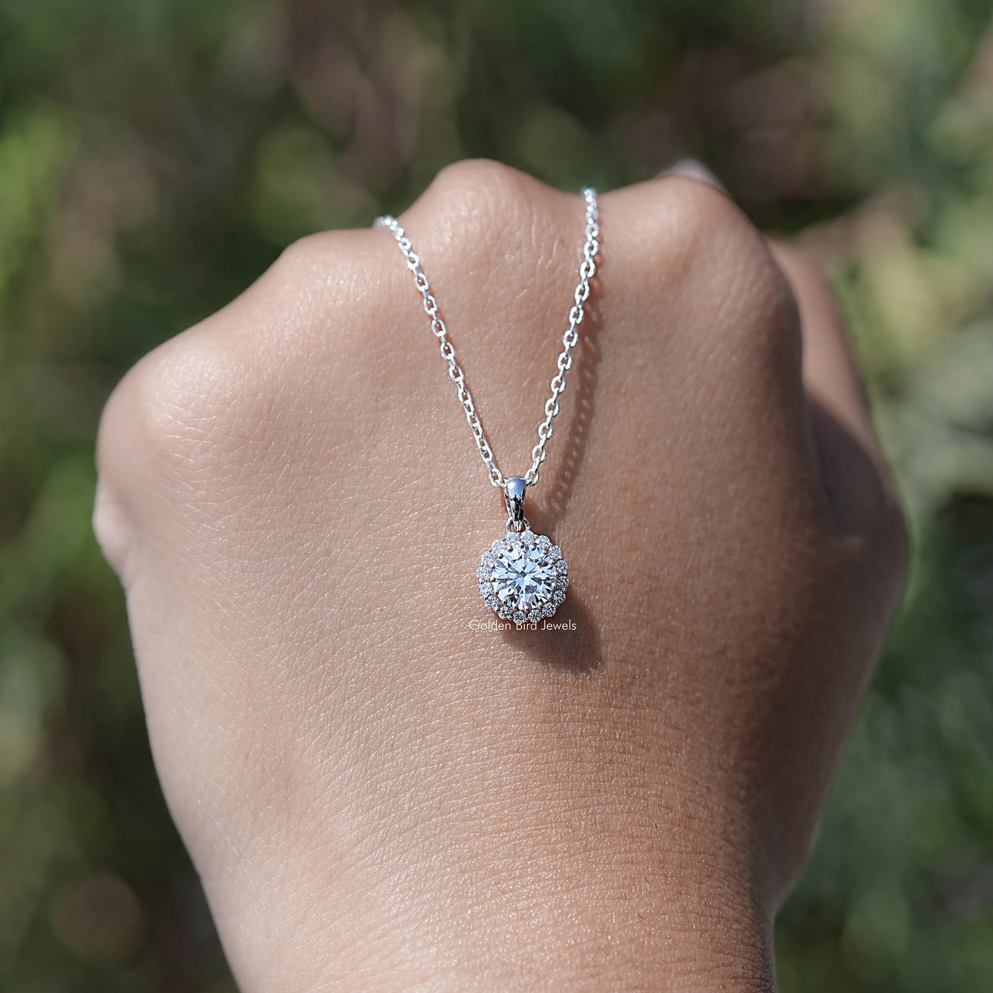 Front View of Round Cut Diamond Halo Pendant Necklace