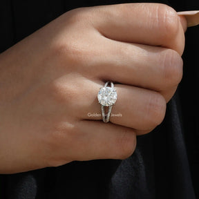 [14K White Gold Round Cut Accent Stone Ring]-[Golden Bird Jewels]