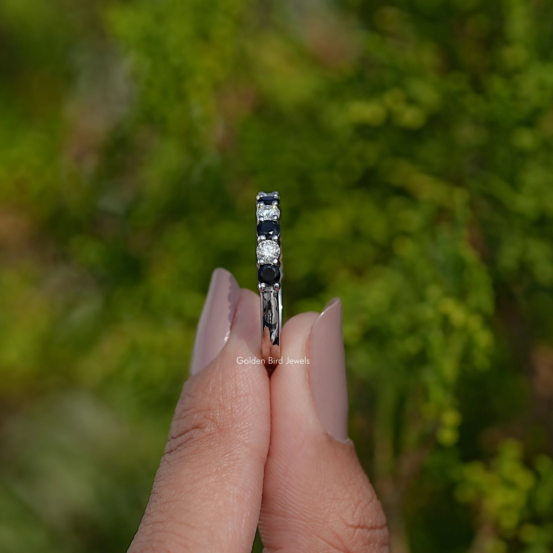 Round Moissanite And Gemstone Eternity Band