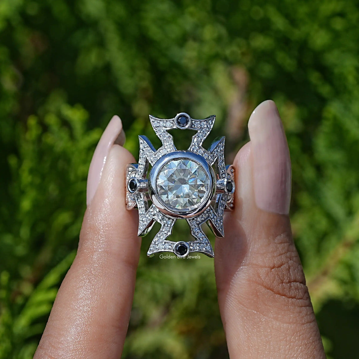 View of round cut moissanite Art deco Wedding Ring