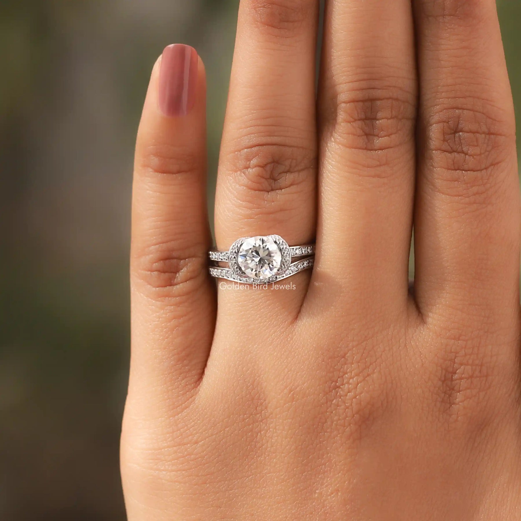 [Moissanite Round Cut Bridal Ring Set]-[Golden Bird Jewels]