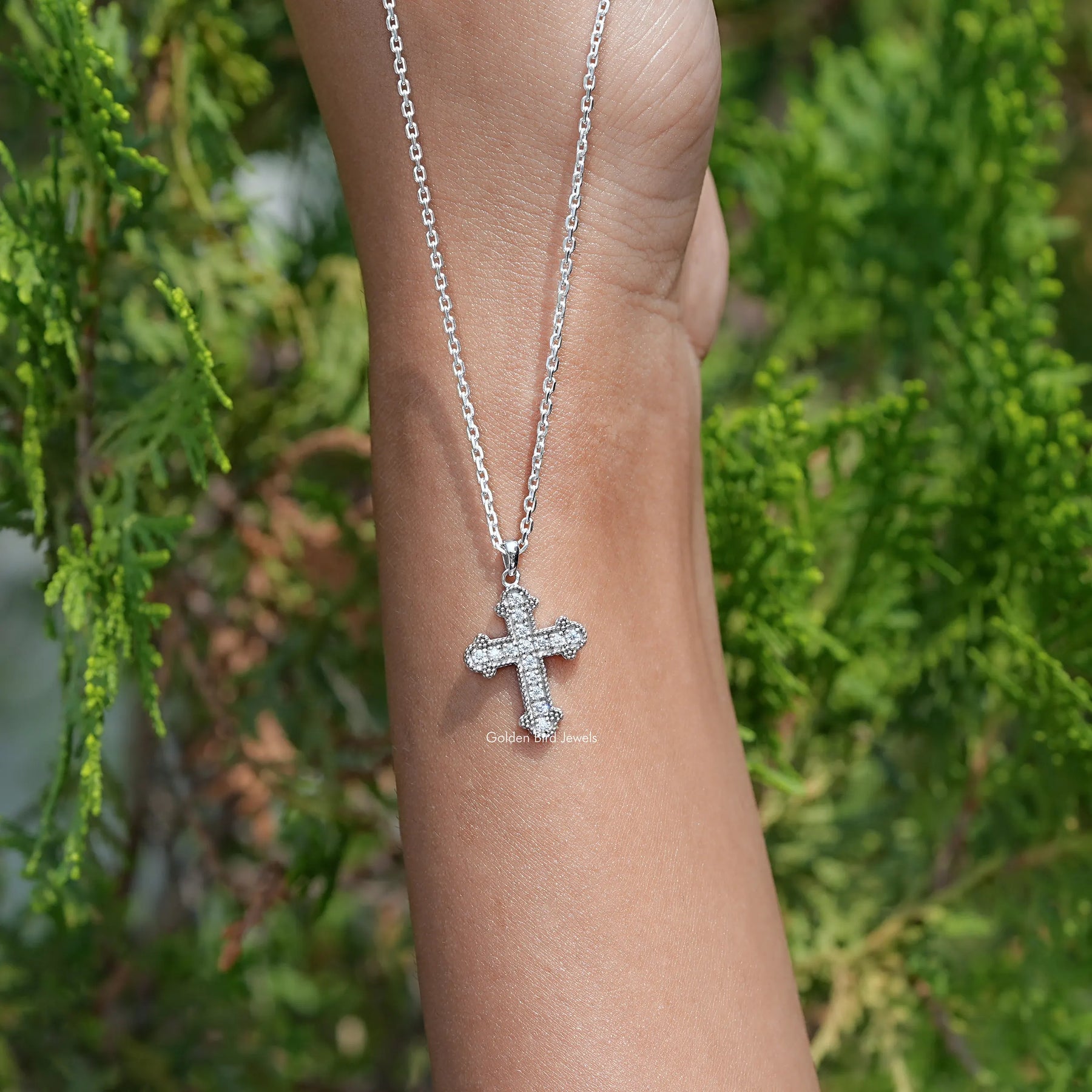 Round Cut Moissanite Encrusted Cross Pendant