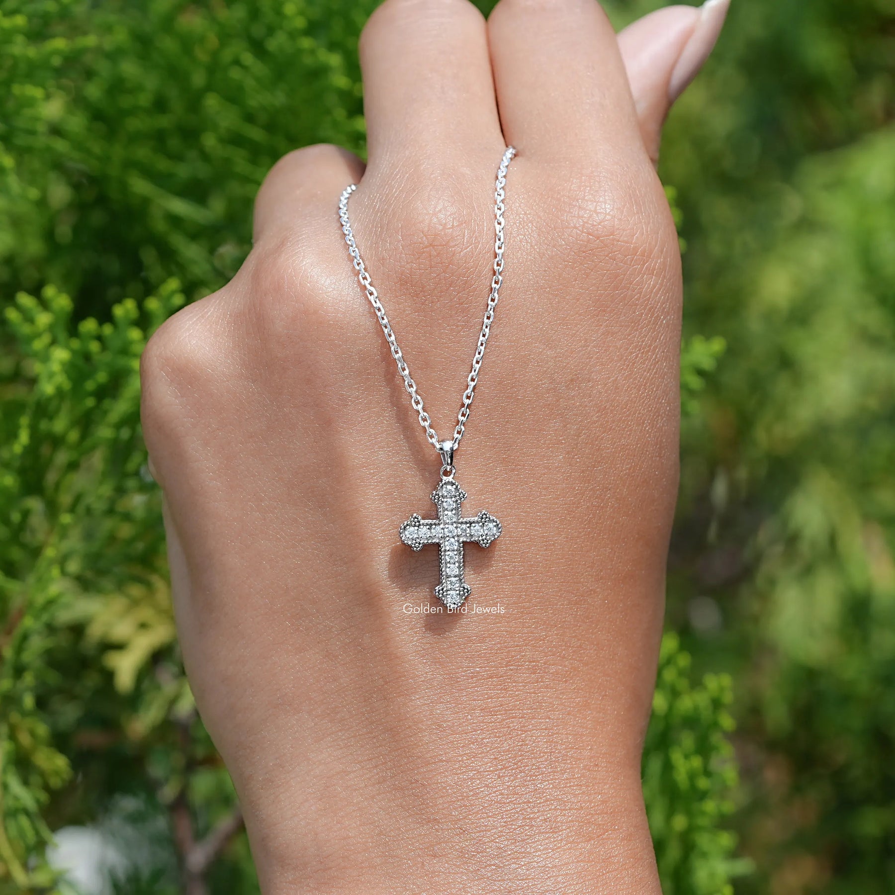 Round Cut Moissanite Encrusted Cross Pendant