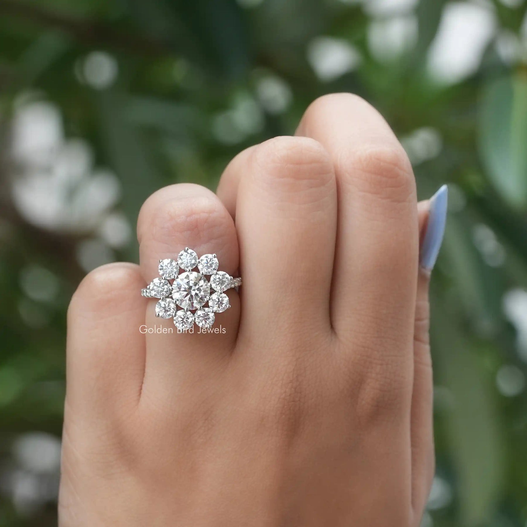 [Round Floral Halo Moissanite Ring In White Gold]-[Golden Bird Jewels]
