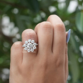 [Round Floral Halo Moissanite Ring In White Gold]-[Golden Bird Jewels]