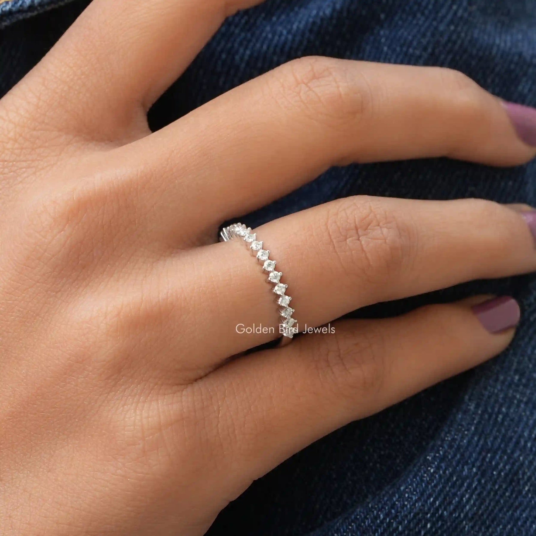 [White Gold Round Cut Half Eternity Band]-[Golden Bird Jewels]