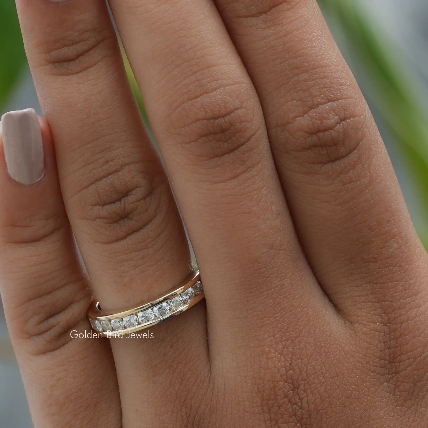 [14k yellow gold moissanite half eternity channel set band set in round cut stones]-[Golden Bird Jewels]