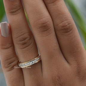 [14k yellow gold moissanite half eternity channel set band set in round cut stones]-[Golden Bird Jewels]