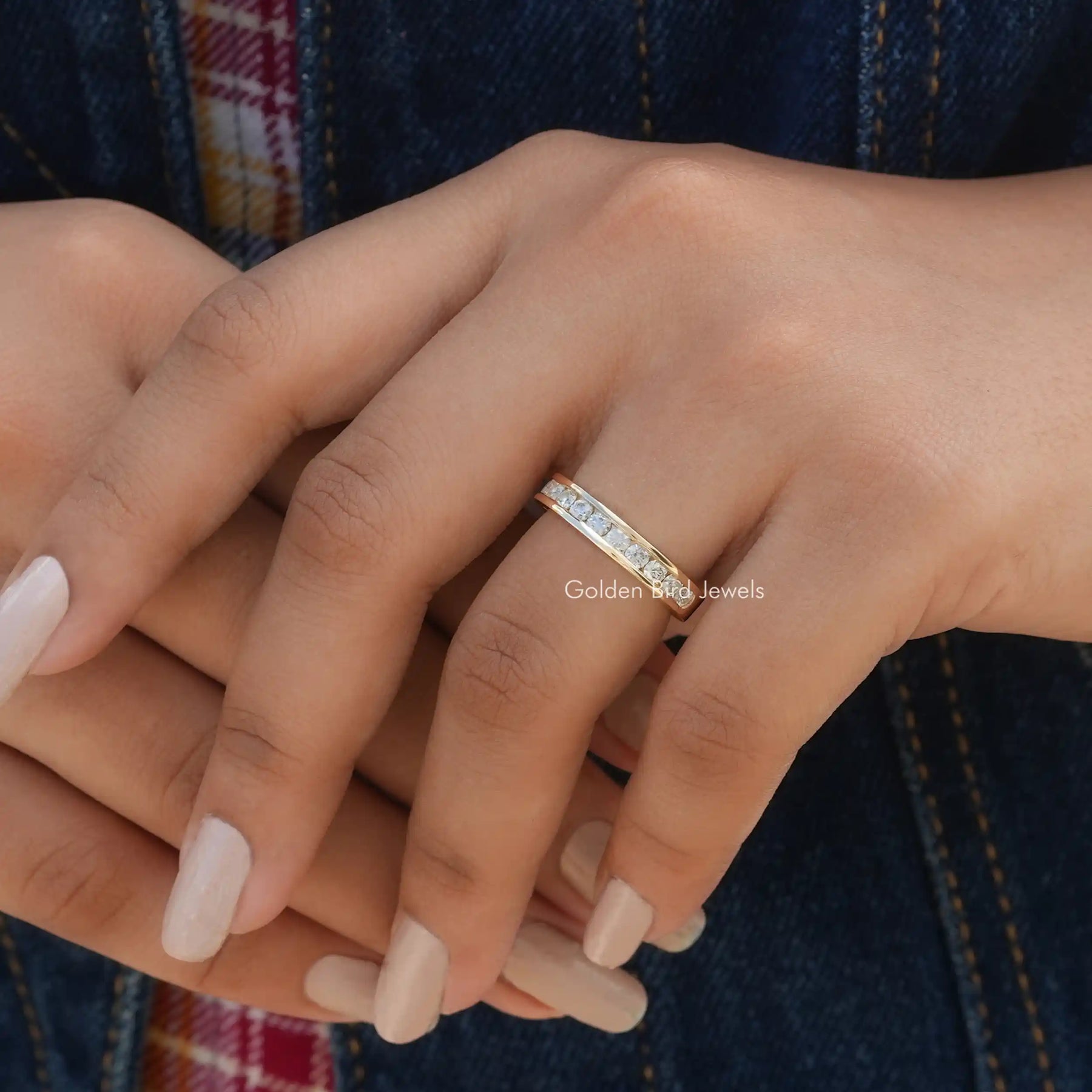 [In finger front view of round cut half eternity channel setting band]-[Golden Bird Jewels]