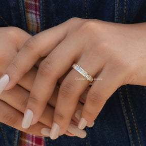 [In finger front view of round cut half eternity channel setting band]-[Golden Bird Jewels]