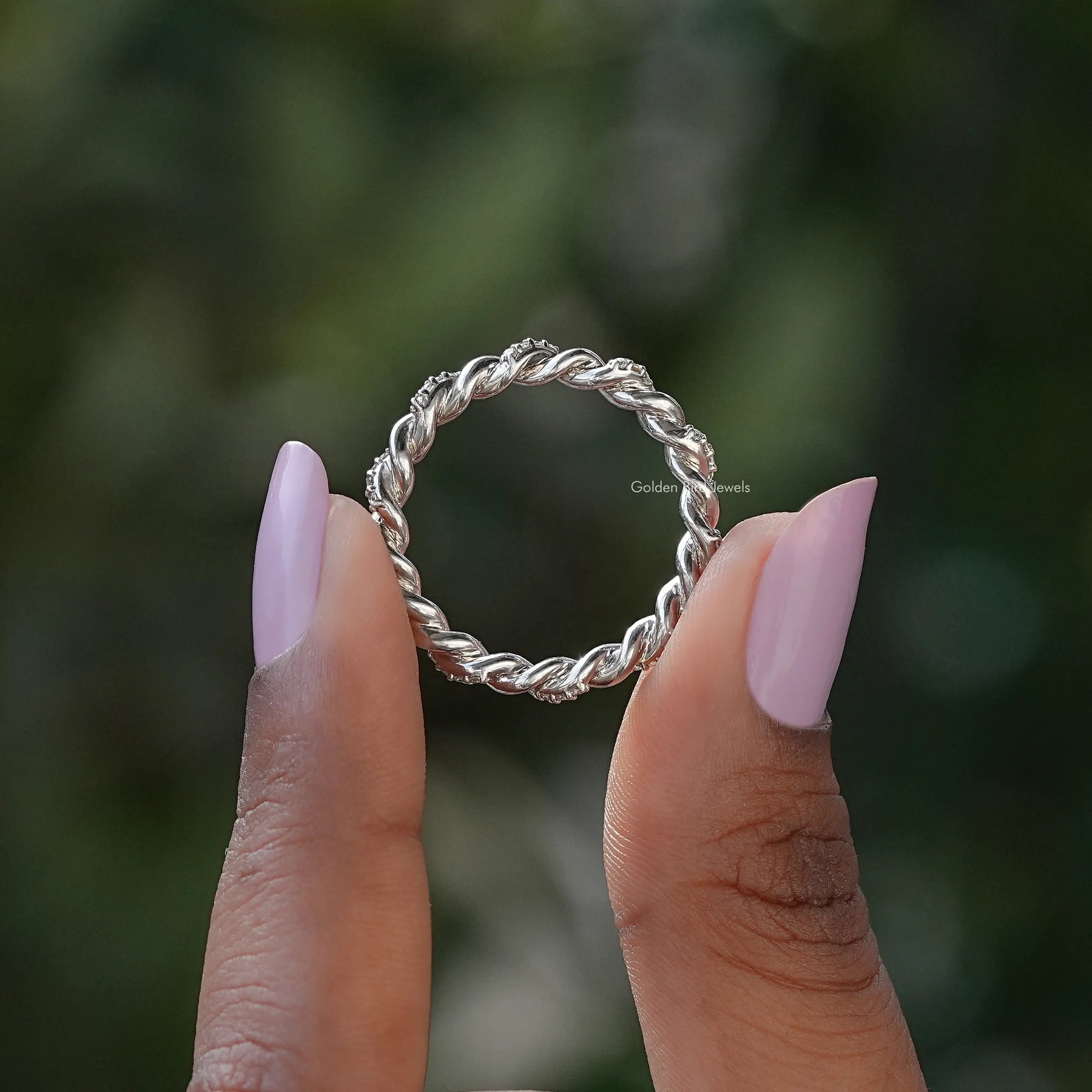 [14K White Gold Round Moissanite Band]-[Golden Bird Jewels]