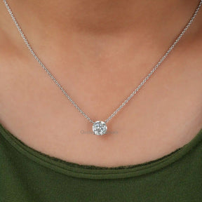 In neck view of Round cut customize moissanite halo pendant 