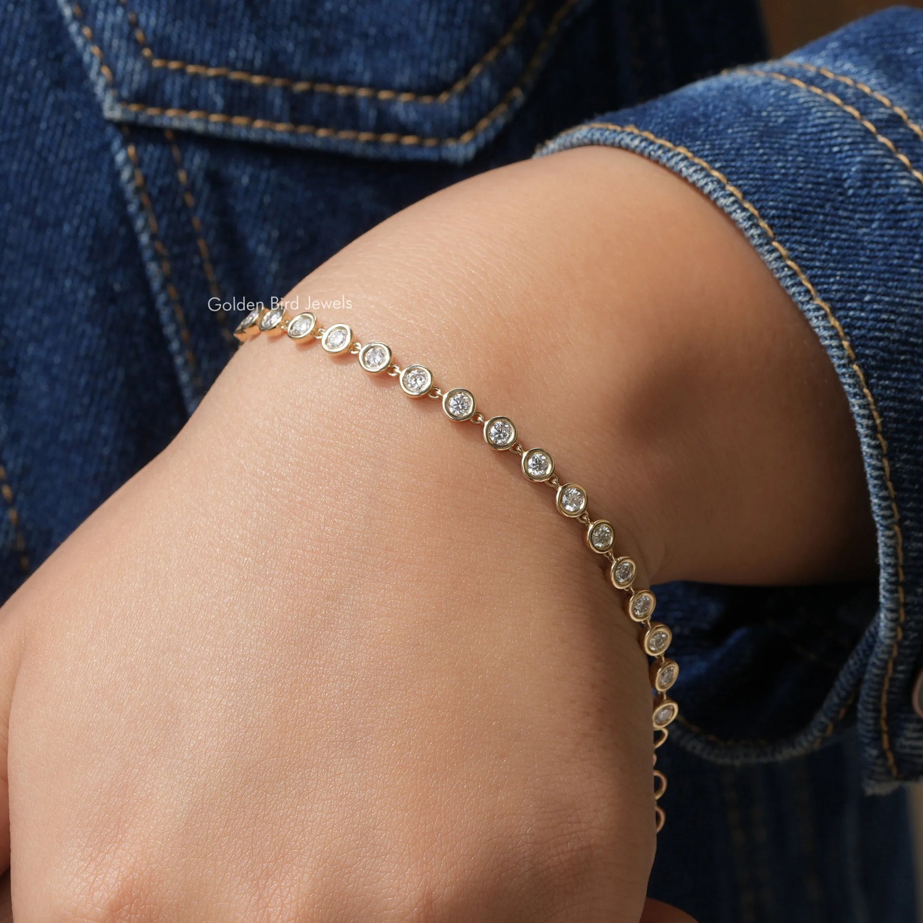 [Bezel Set Round Cut Tennis Bracelet]-[Golden Bird Jewels]