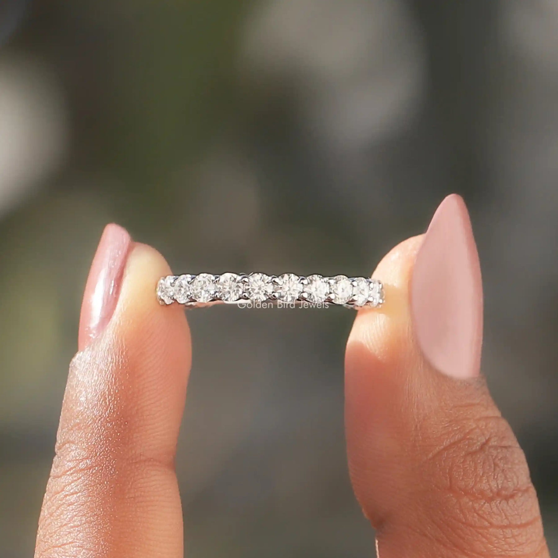 [1.30 CTW Round Cut Moissanite Three Stone Eternity Wedding Band]-[Golden Bird Jewels]