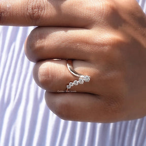 Detailed View Of Round Cut Moissanite V Shaped Chevron Ring In Yellow Gold
