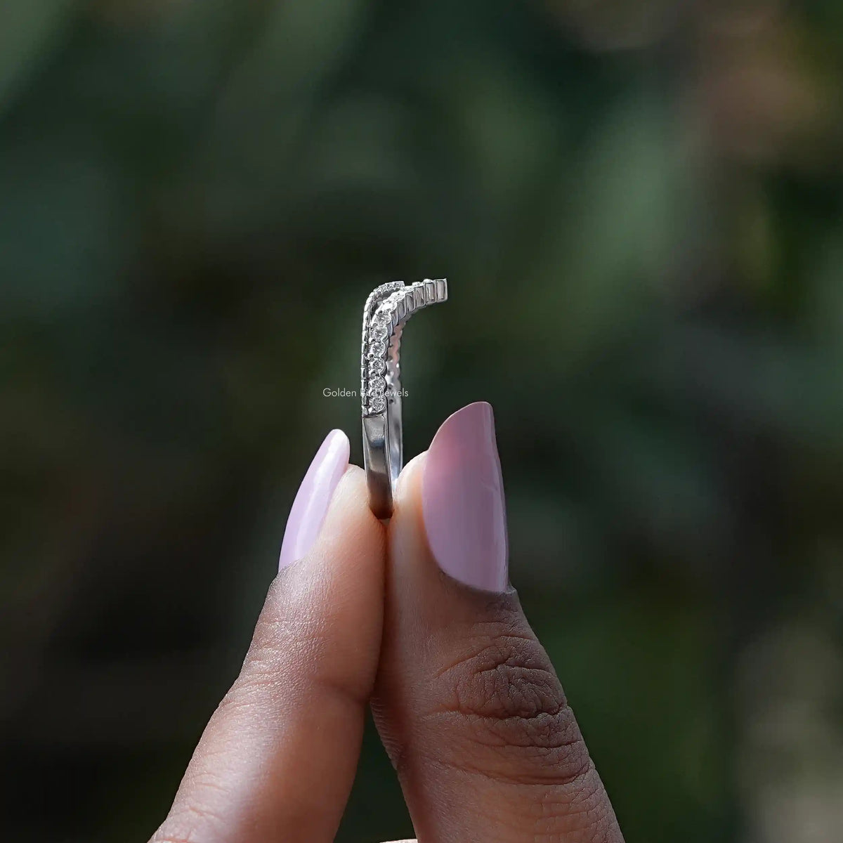 [V Shaped Round Moissanite Wedding Band]-[Golden Bird Jewels]