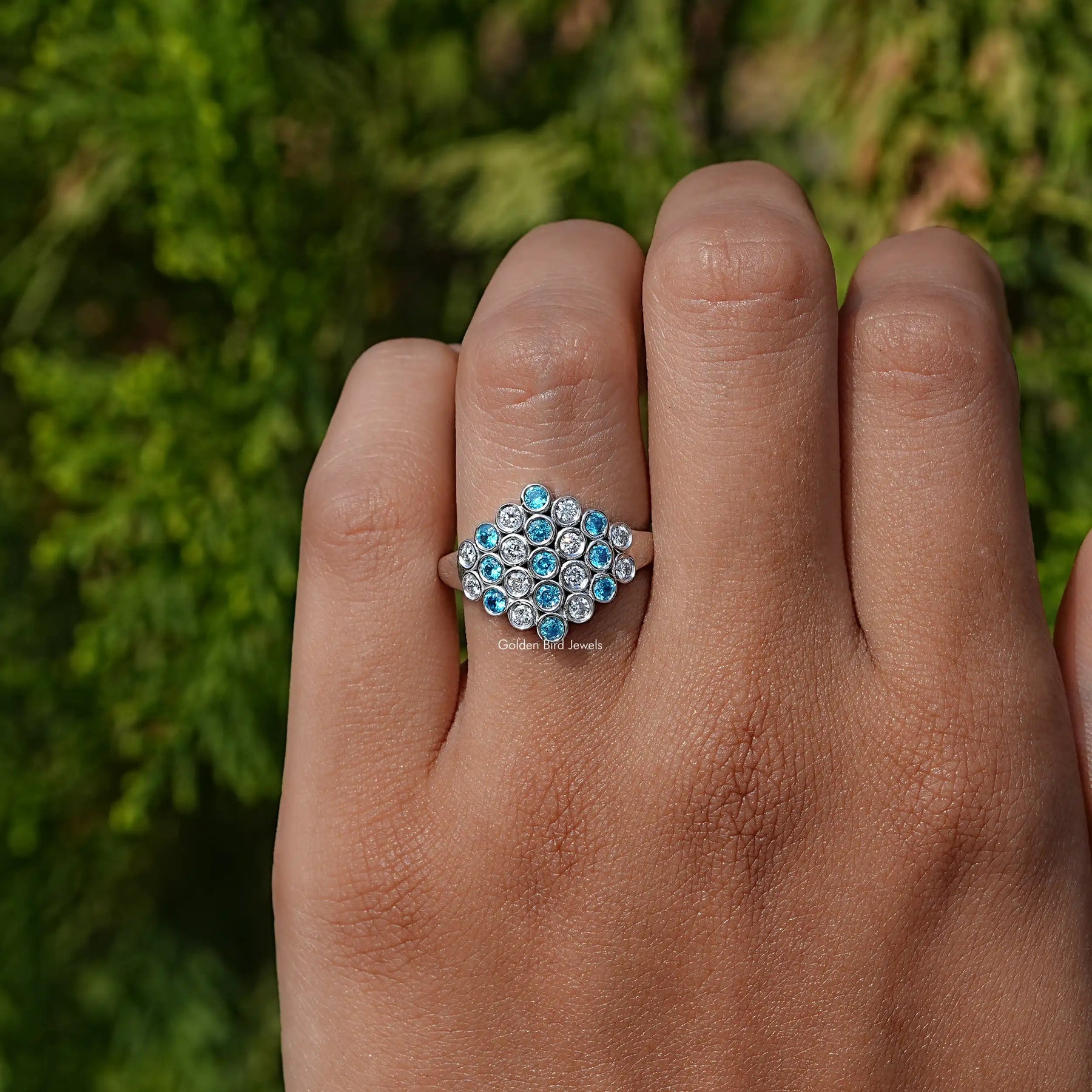 Round Cut Paraiba Gemstone Cluster Engagement Ring