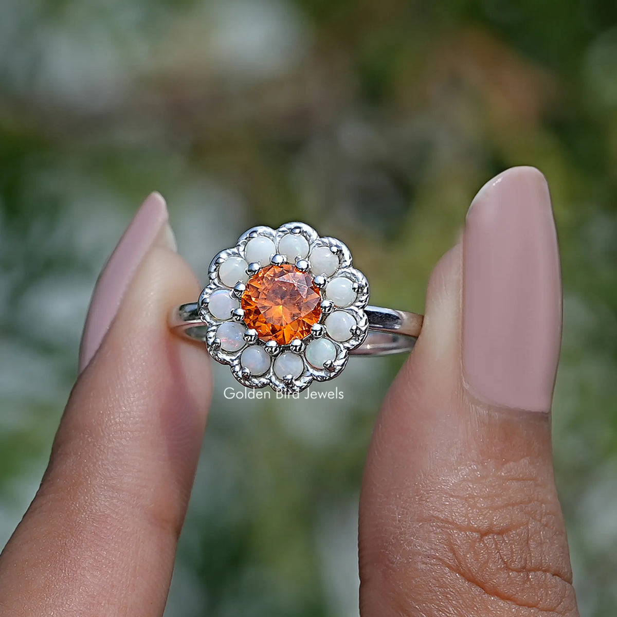 [Round Cut Sunstone Halo Engagement Ring]-[Golden Bird Jewels]