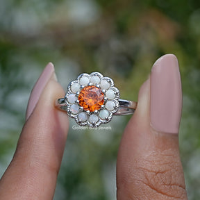 [Round Cut Sunstone Halo Engagement Ring]-[Golden Bird Jewels]