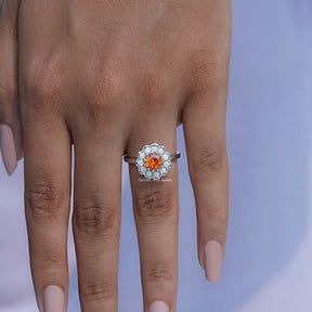 [Round Cut Sunstone Halo Ring]-[Golden Bird Jewels]