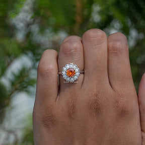 [Round Cut Sunstone Halo Ring]-[Golden Bird Jewels]