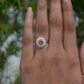 [Orange Round Cut Ring With White Opal Round Cut Side Stones]-[Golden Bird Jewels]