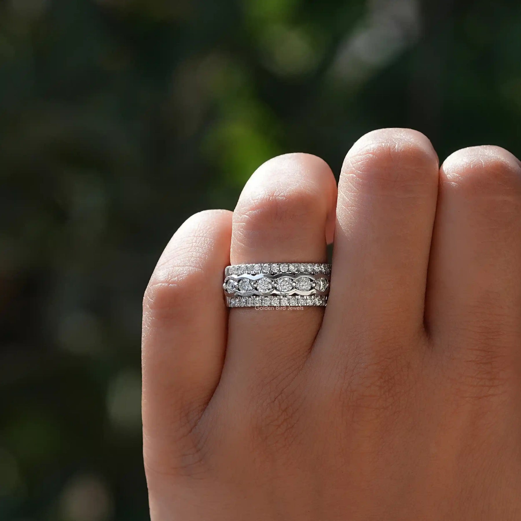 [Colorless Round Three Row Moissanite Wedding Band]-[Golden Bird Jewels]