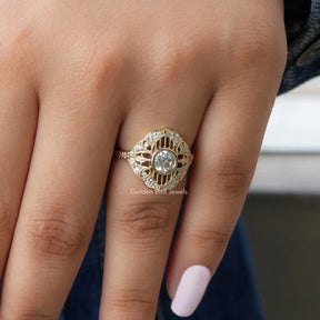 Round Cut Moissanite Vintage Engagement Ring In Yellow Gold