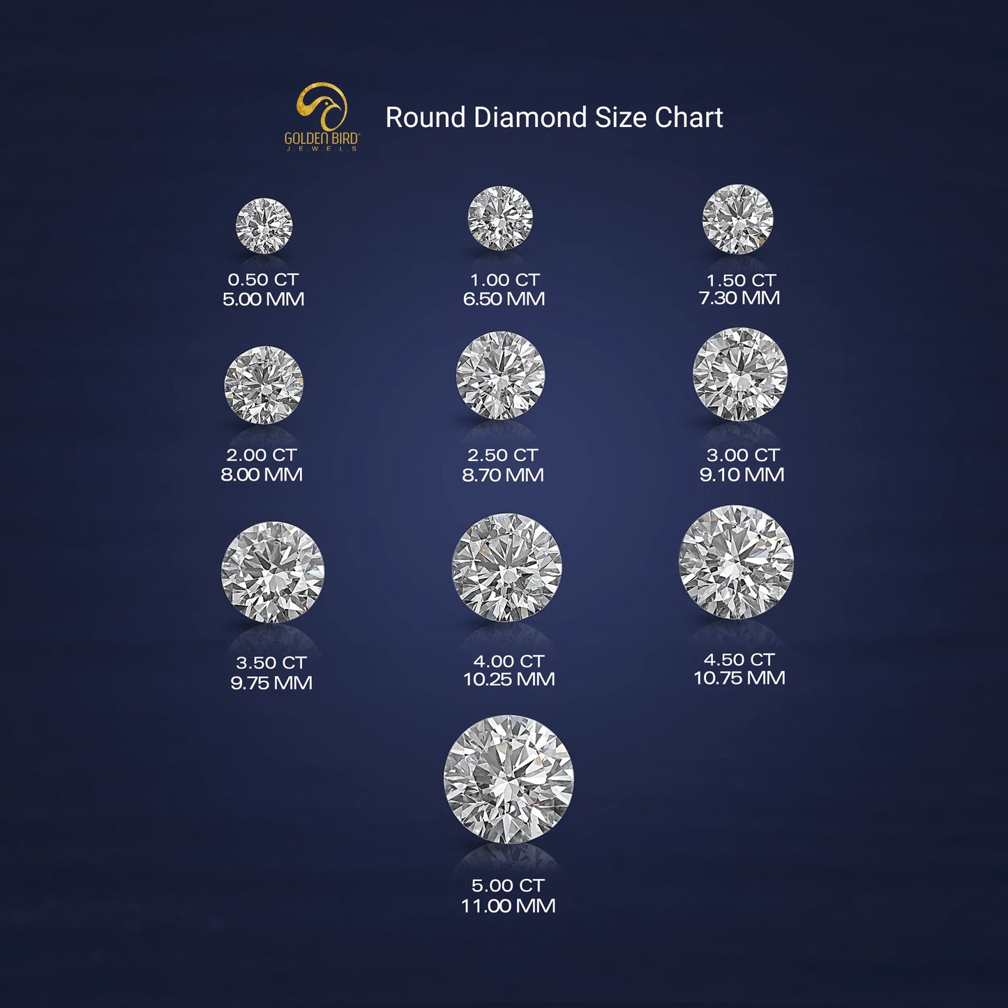 View of Round Cut Diamond Size Chart In White color 