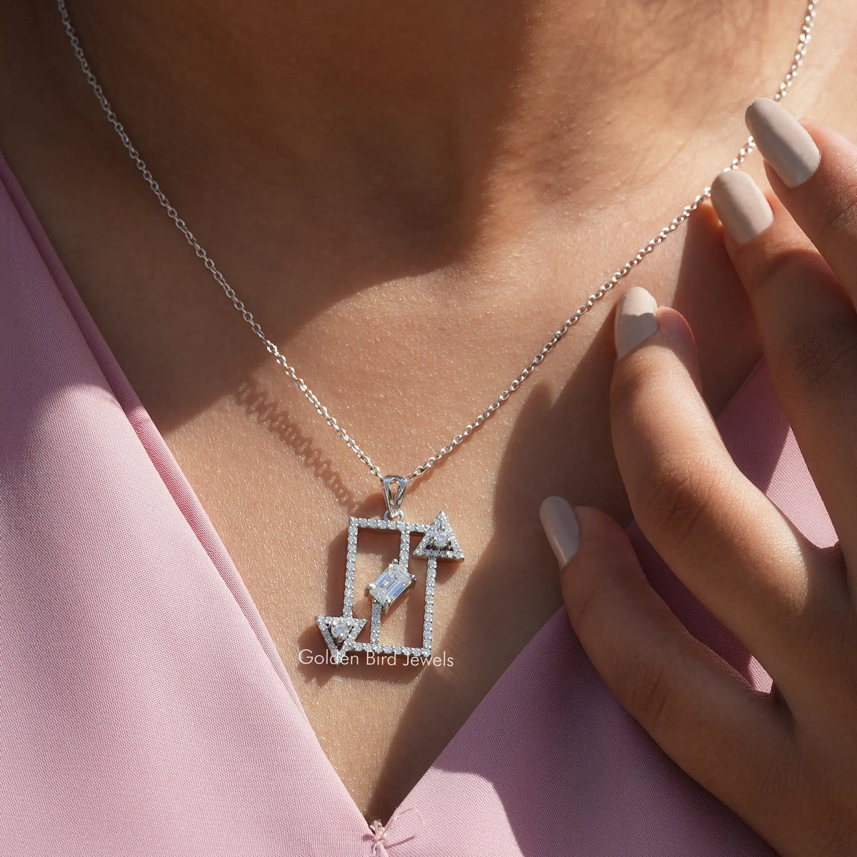 [In neck front view of round and emerald cut white gold pendant]-[Golden Bird Jewels]