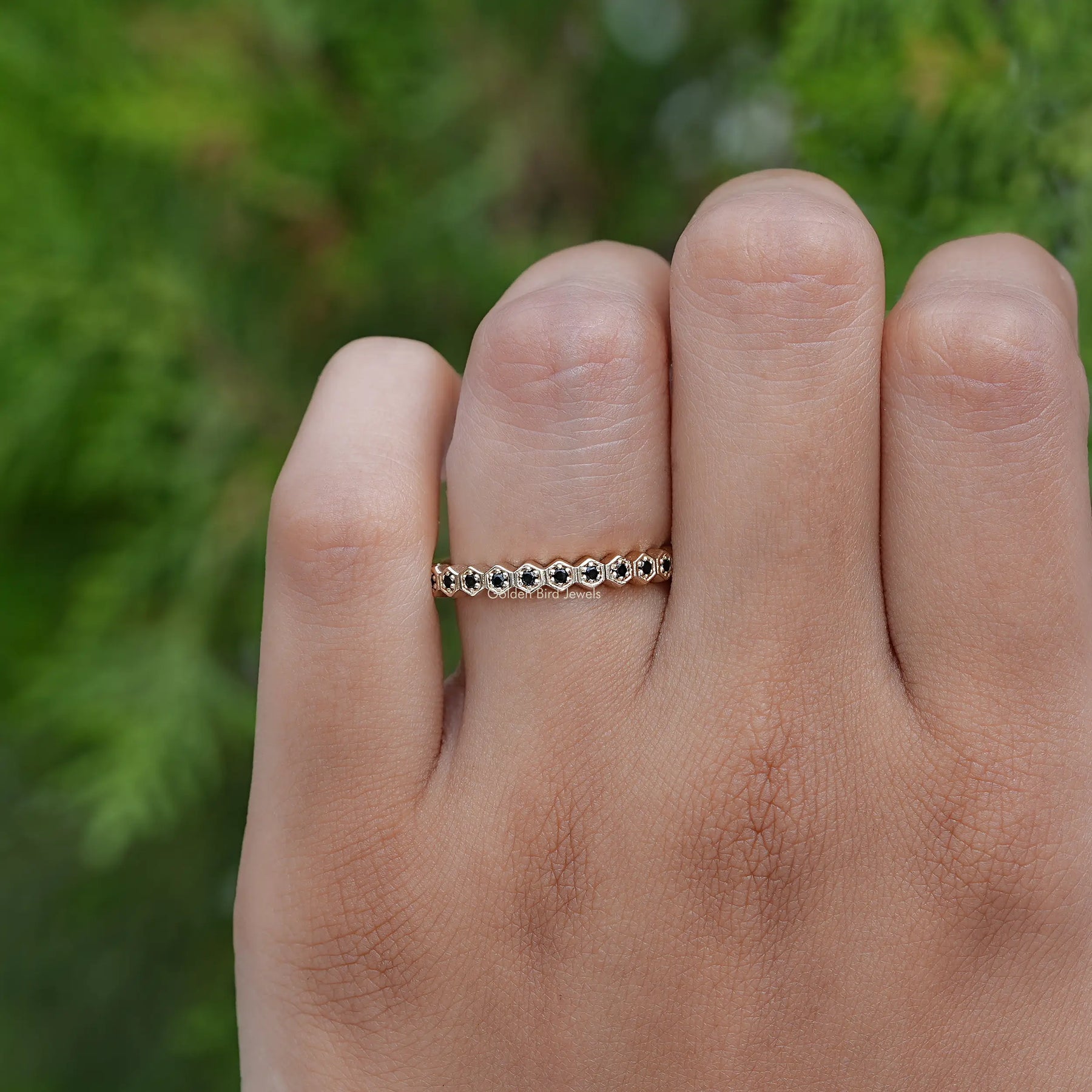 Black Round Gemstone Half Eternity Band