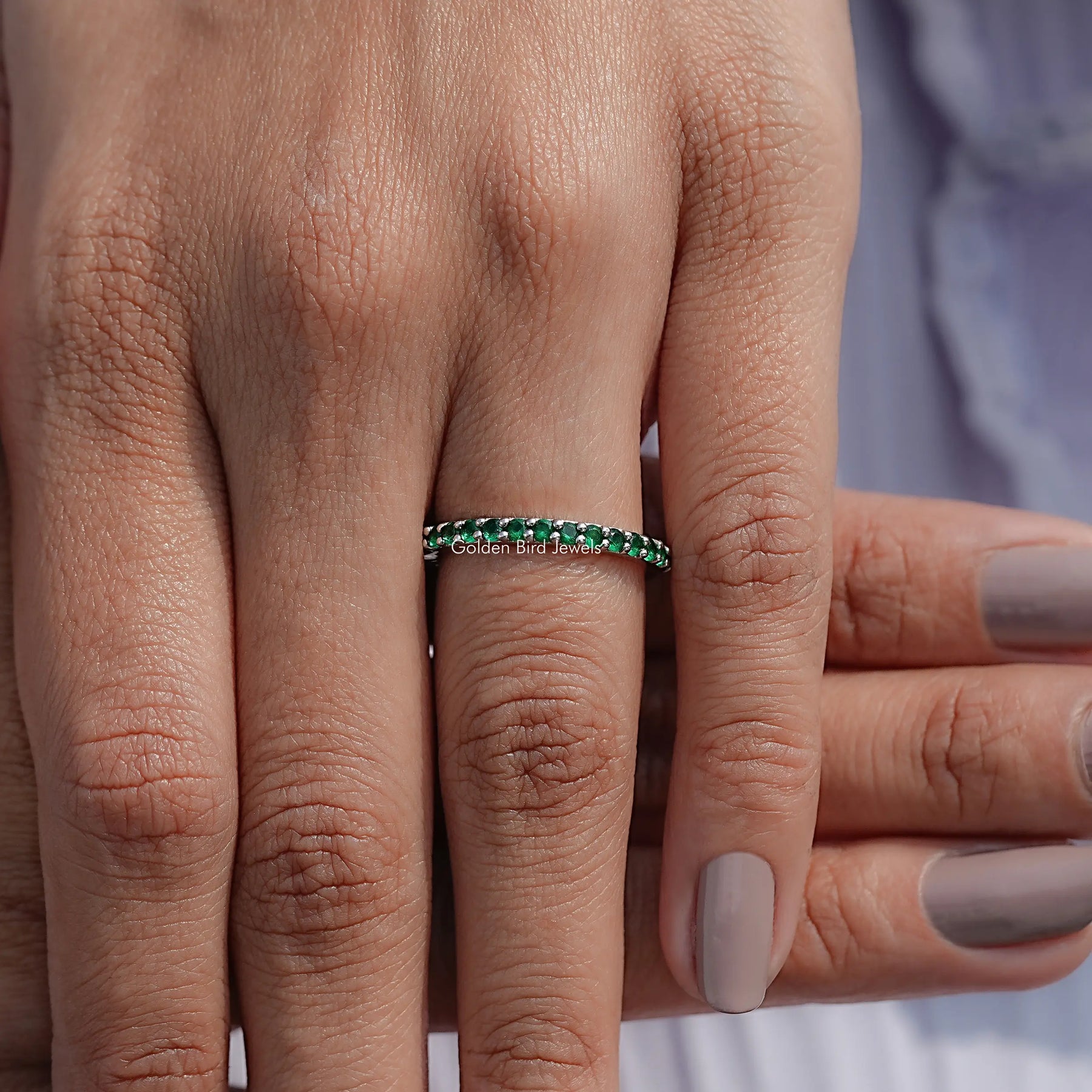 May Birthstone Emerald Green Round Eternity Band