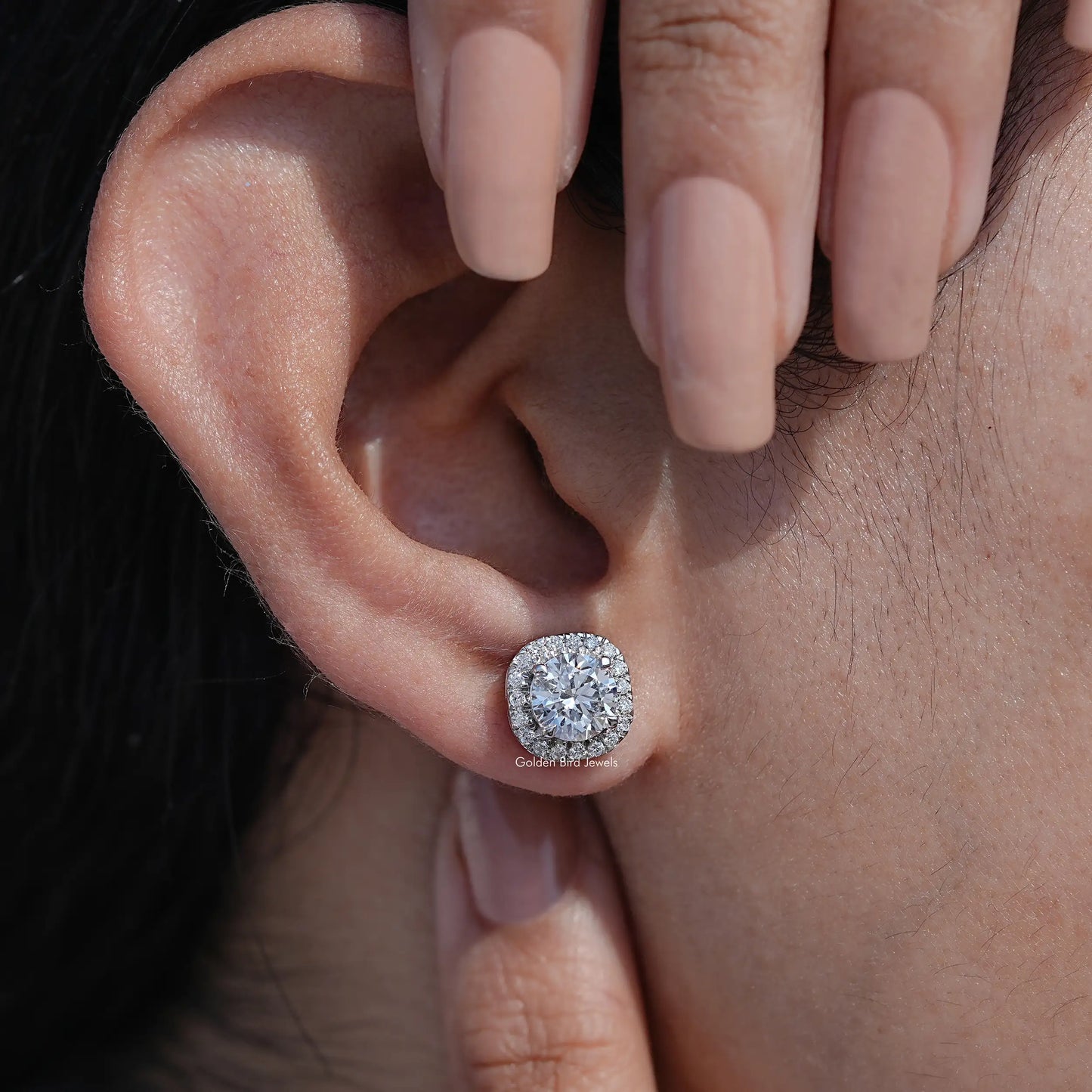 Front View of Round Cut Diamond Stud Earrings In White Gold