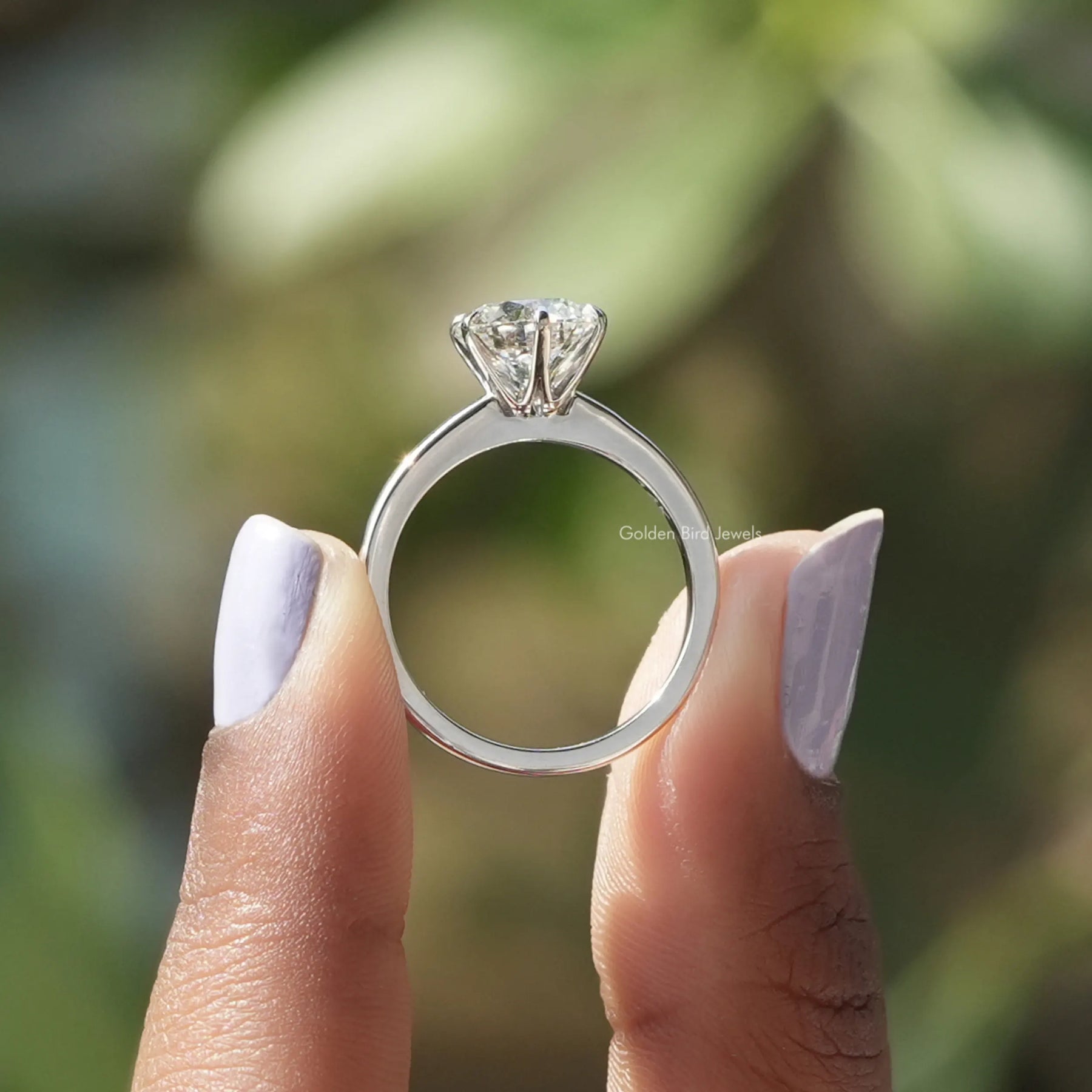 [White Gold Round Cut Lab Grown Engagement Ring]-[Golden Bird Jewels]