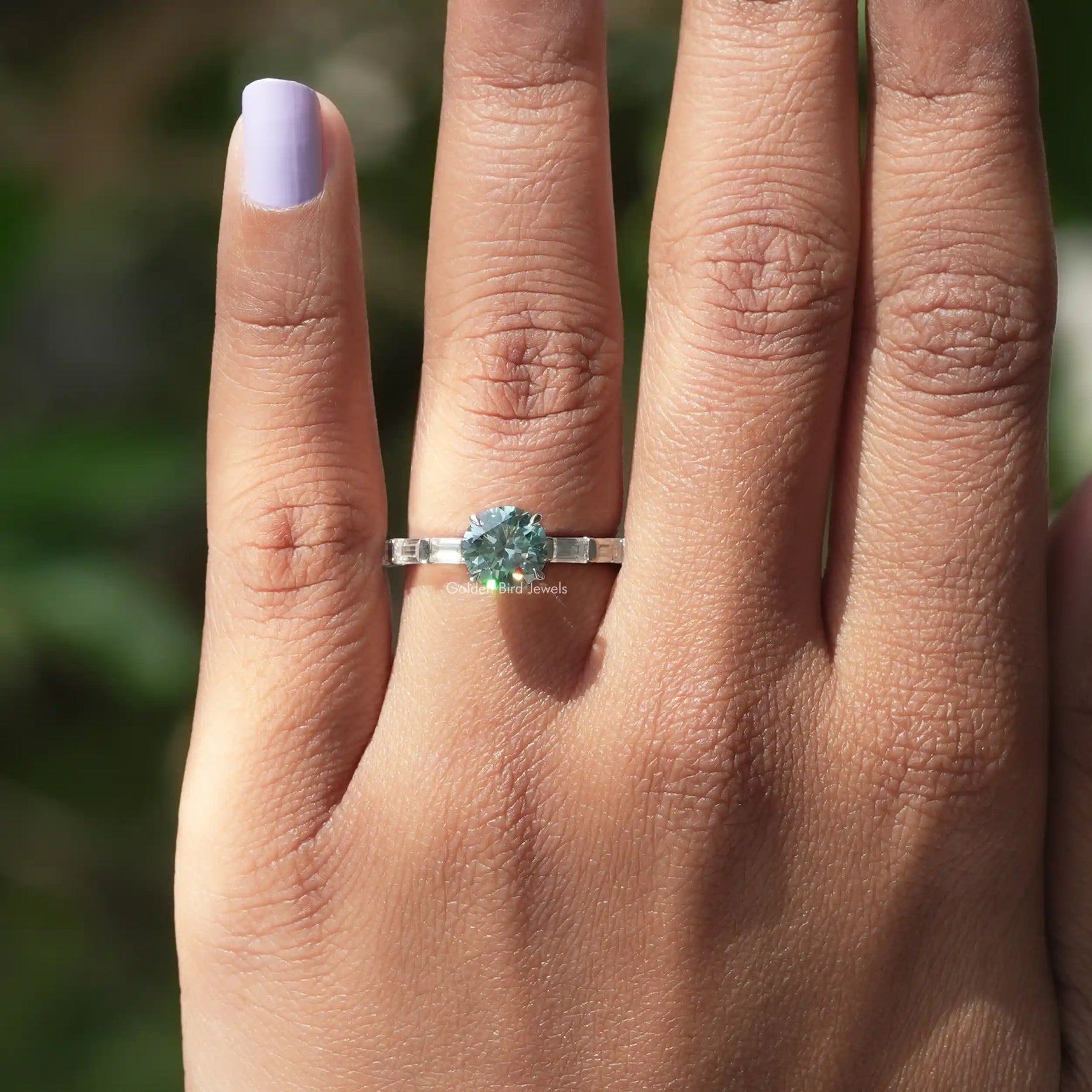 [Blue Round Cut Moissanite Ring In 14K White Gold Ring]-[Golden Bird Jewels]