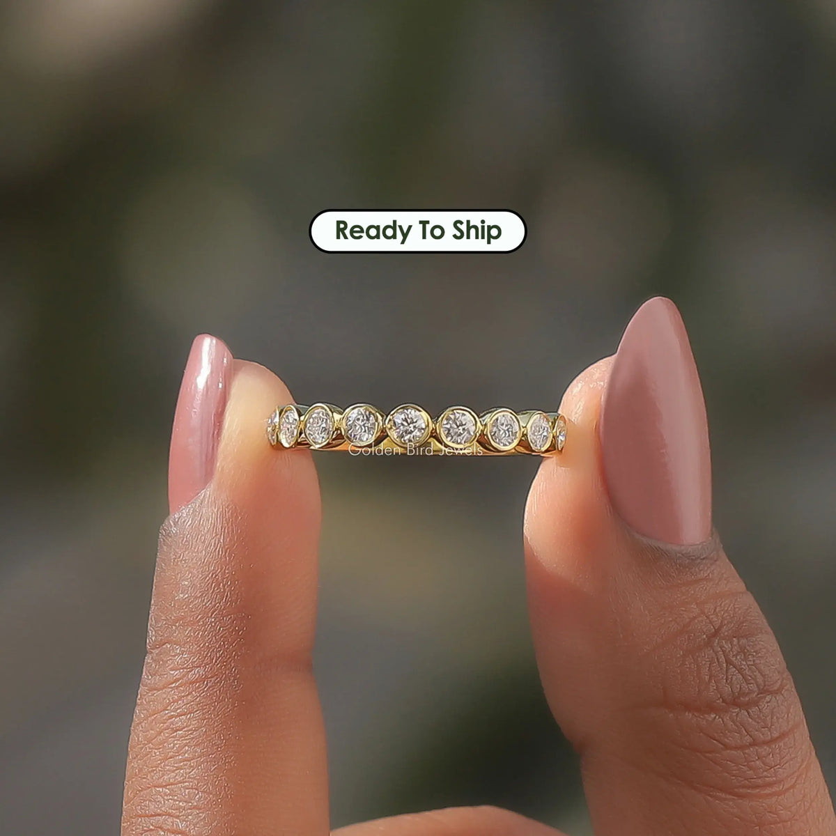 [Bezel Set Round Cut Moissanite Eternity Wedding Band]-[Golden Bird Jewels]