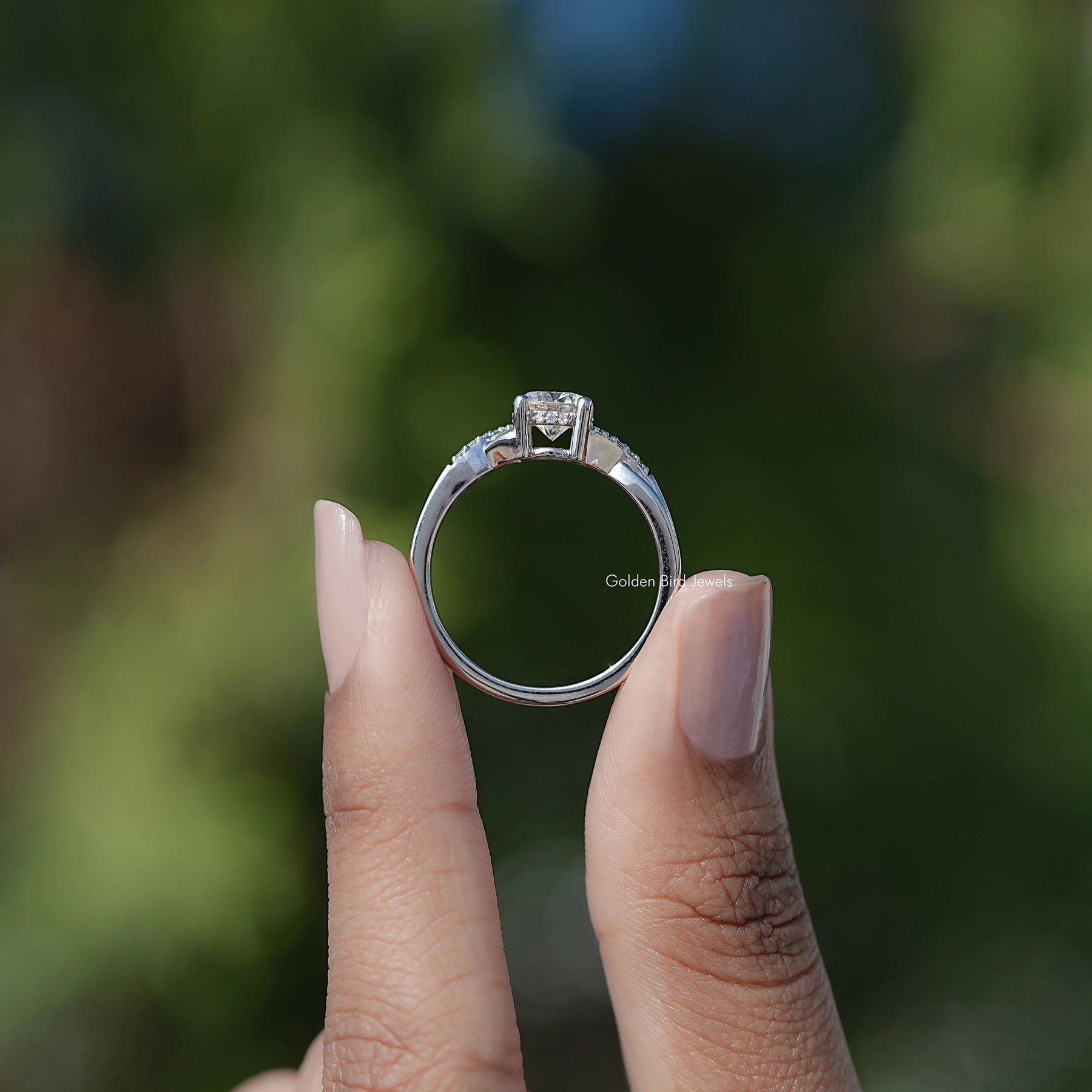 Round Moissanite Criss Cross Accent Engagement Ring