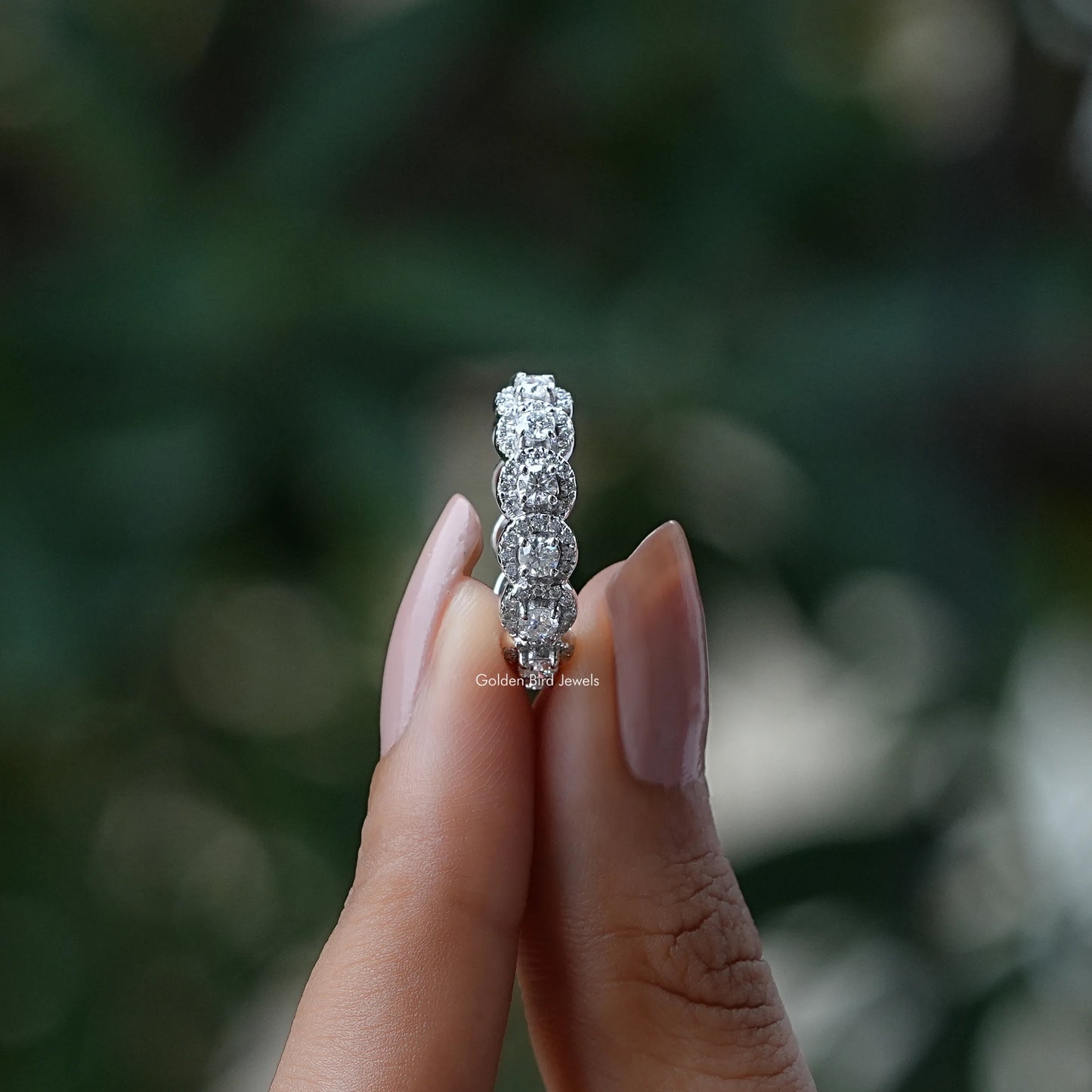 [White Gold Round Cut Halo Eternity Band]-[Golden Bird Jewels]