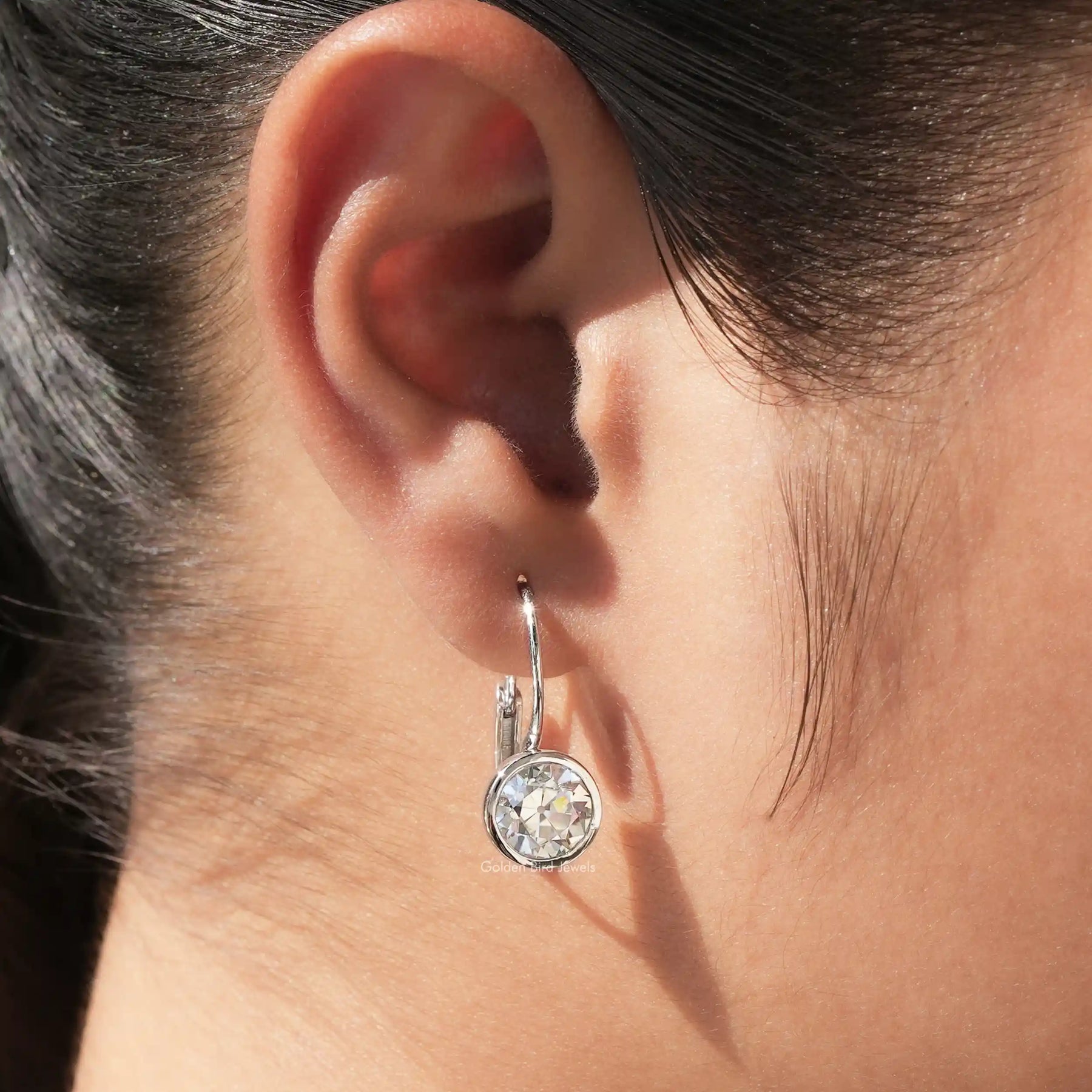 [Round Cut Moissanite Lever Back Dangle Drop Earrings]-[Golden Bird Jewels]