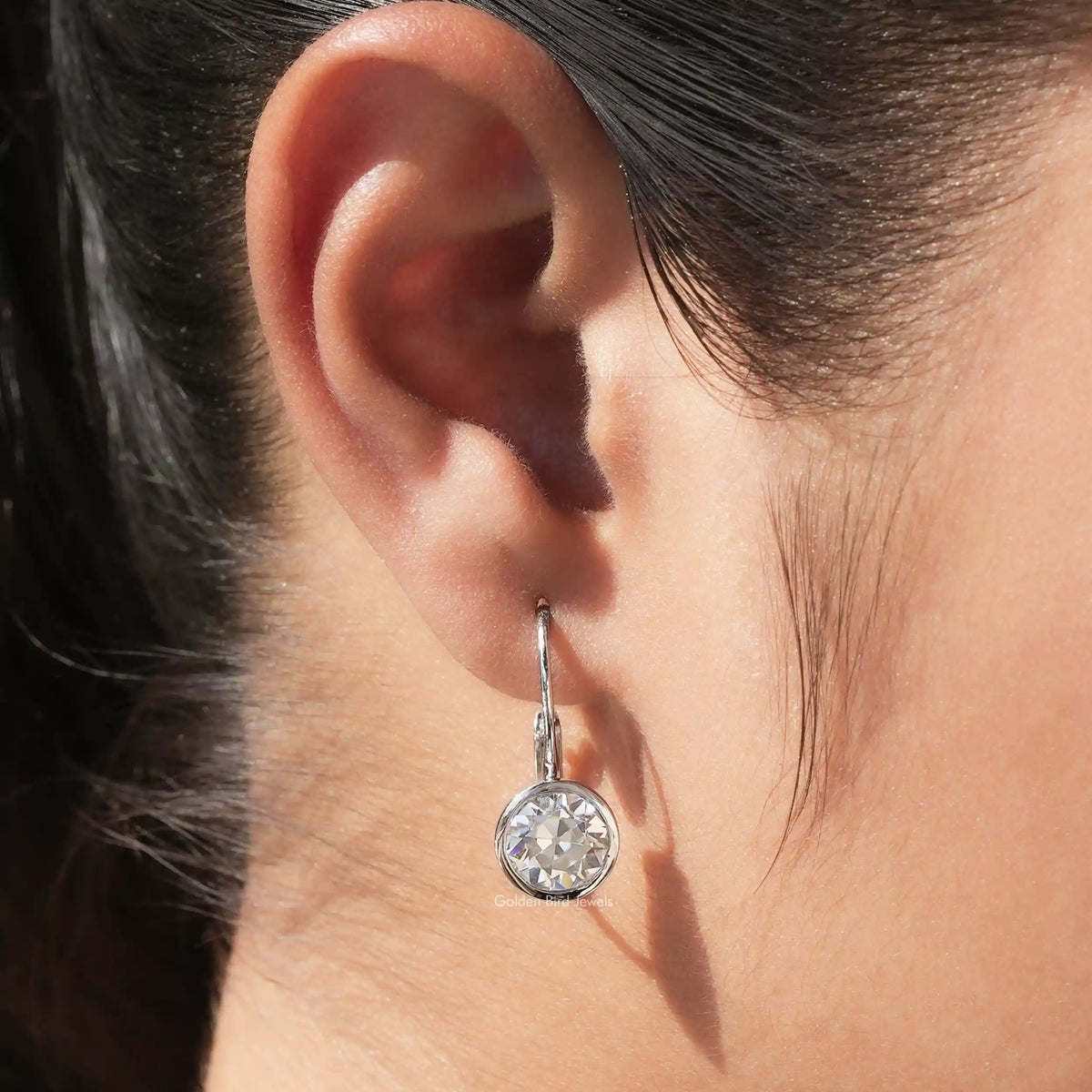 [Round Cut Moissanite Lever Back Dangle Drop Earrings]-[Golden Bird Jewels]